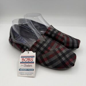 Skechers Bobs Plush Country Side Flats Womens 10 Grey/Red Plaid Slip On Shoes